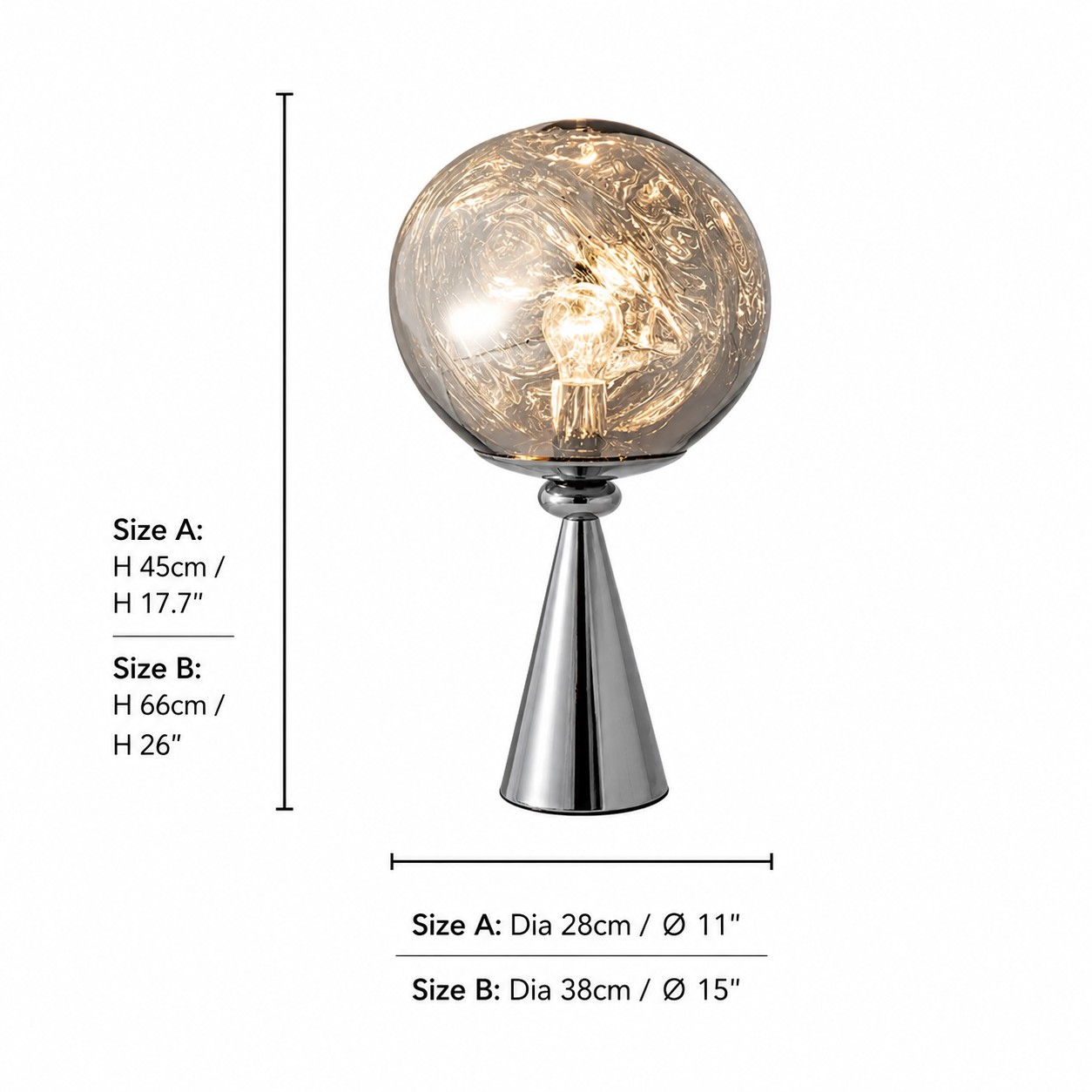 Lampa stolowa Lava Cone dimensions for Rozmiar A and Rozmiar B