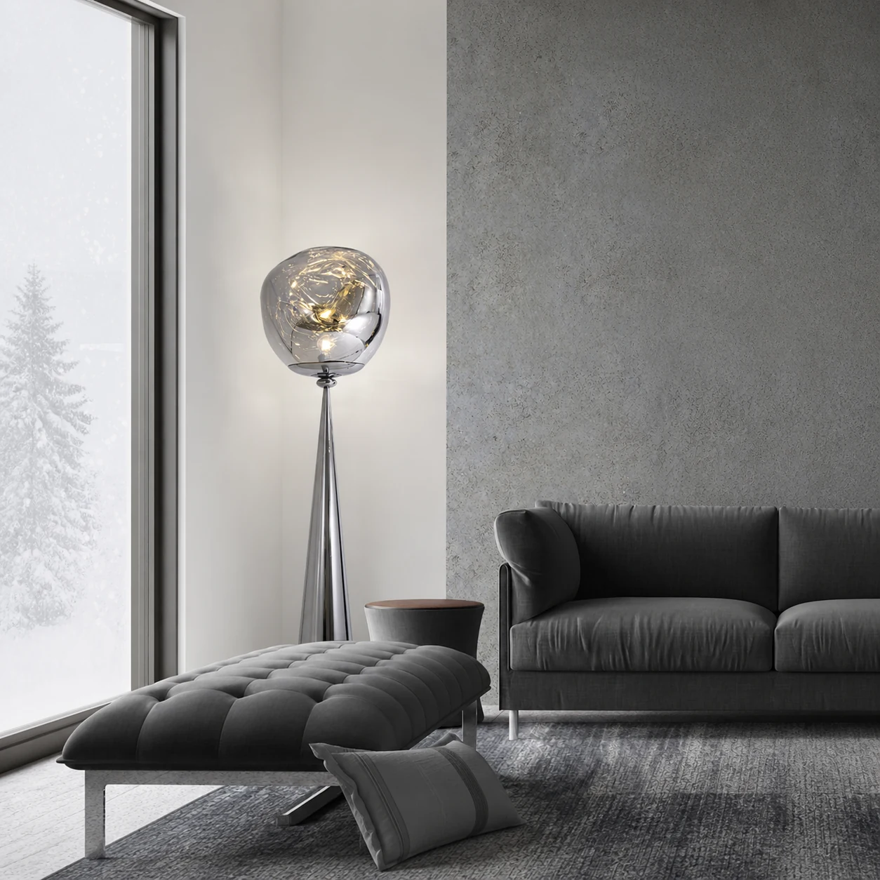 Melt floor lamp beside a chaise lounge