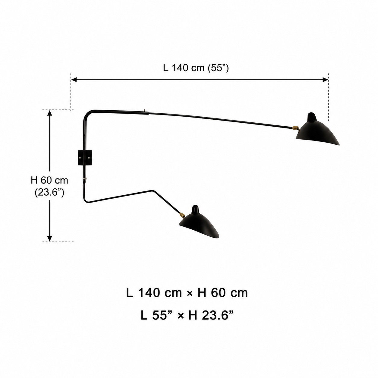 Two-head Duckbill wall sconce dimensions, length 140 cm and height 60 cm