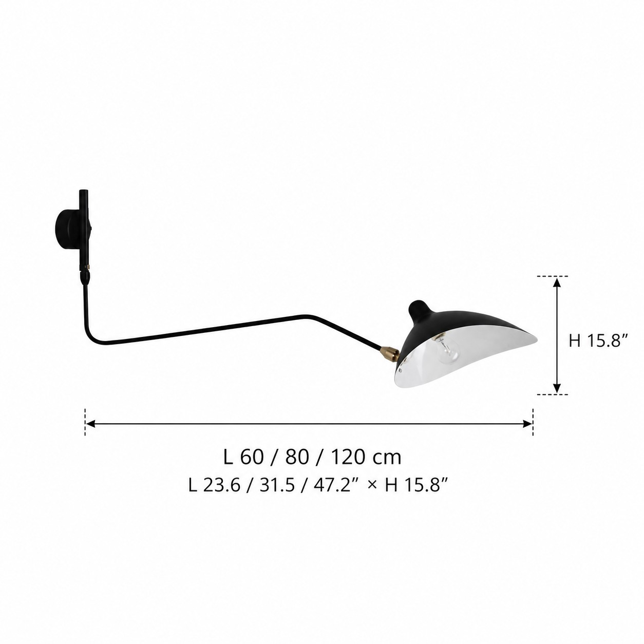 One-head Duckbill wall sconce dimensions for 60, 80 and 120 cm lengths