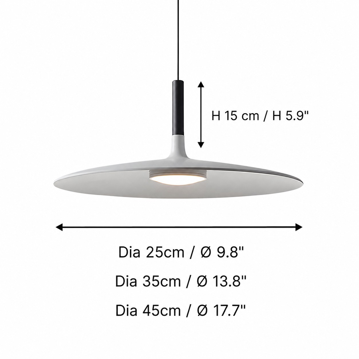 Aplomb pendant lamp dimensions for 25 cm, 35 cm, and 45 cm sizes