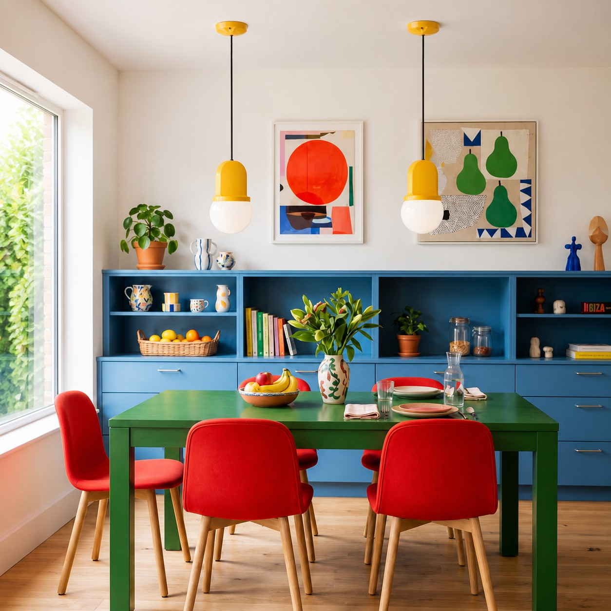Yellow pendant lamps above a colorful dining table