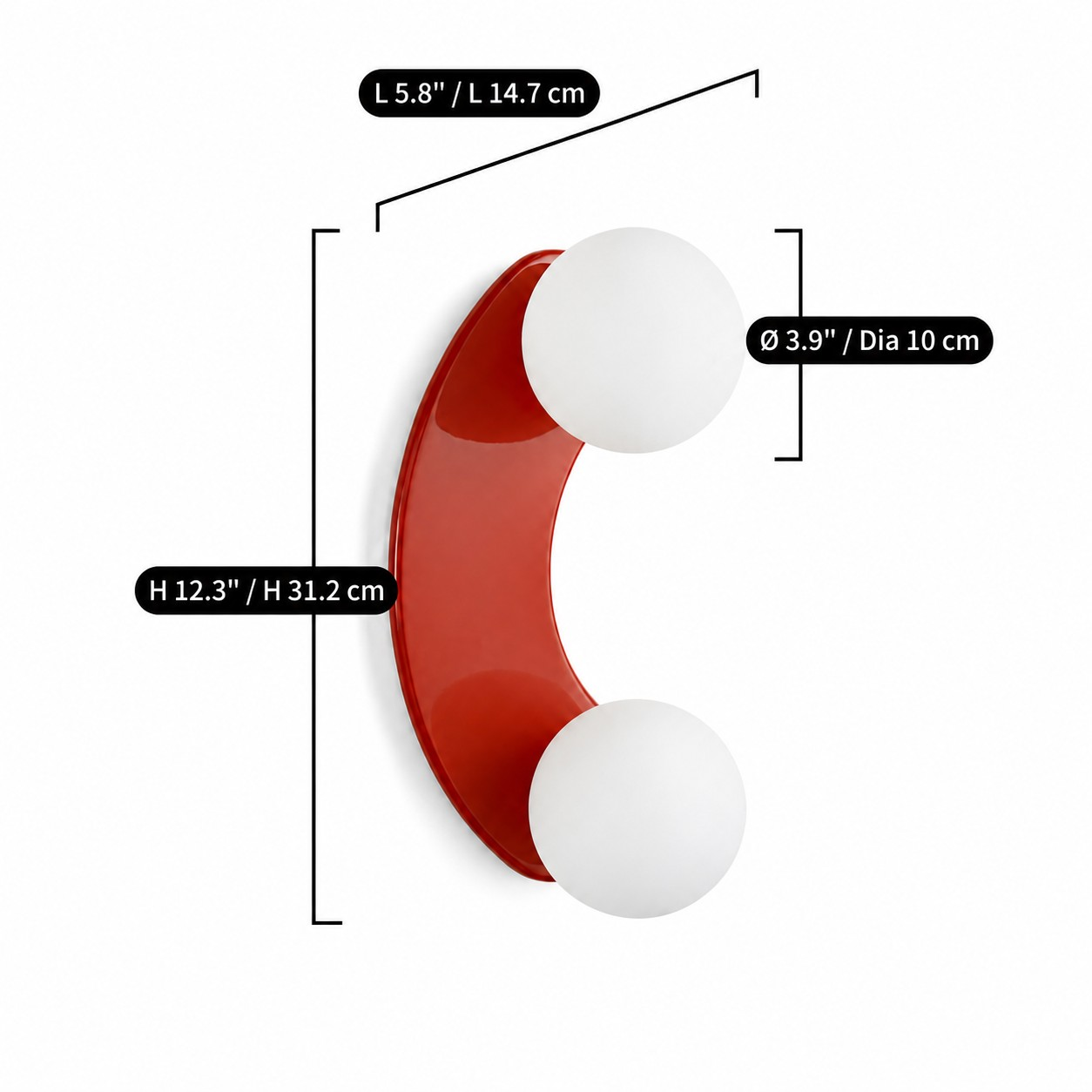 Double-globe wall lamp dimensions: 5.8 inches long and 12.3 inches high