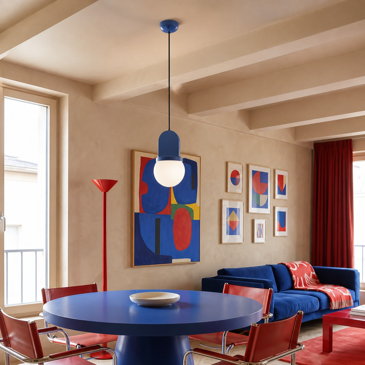 Blue pendant lamp in a colorful living room
