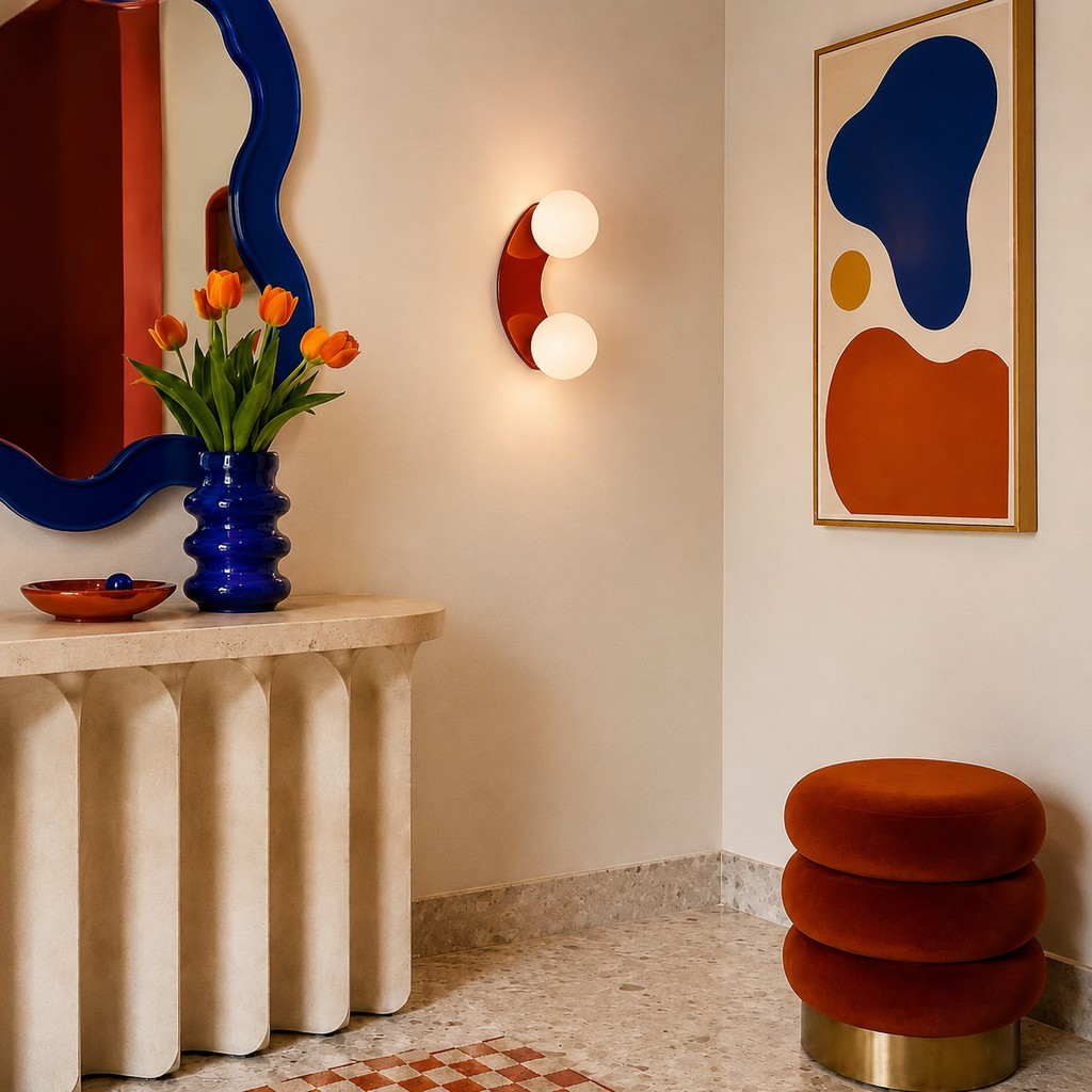 Terracotta double-globe wall lamp in a colorful interior