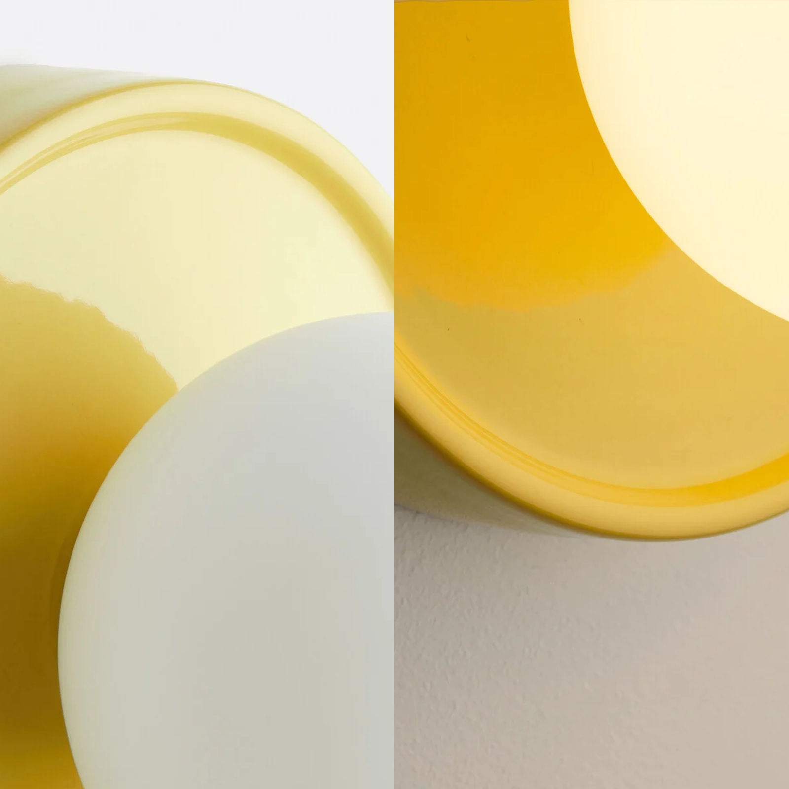 Two close details of the glazed yellow ceramic base and opal globe