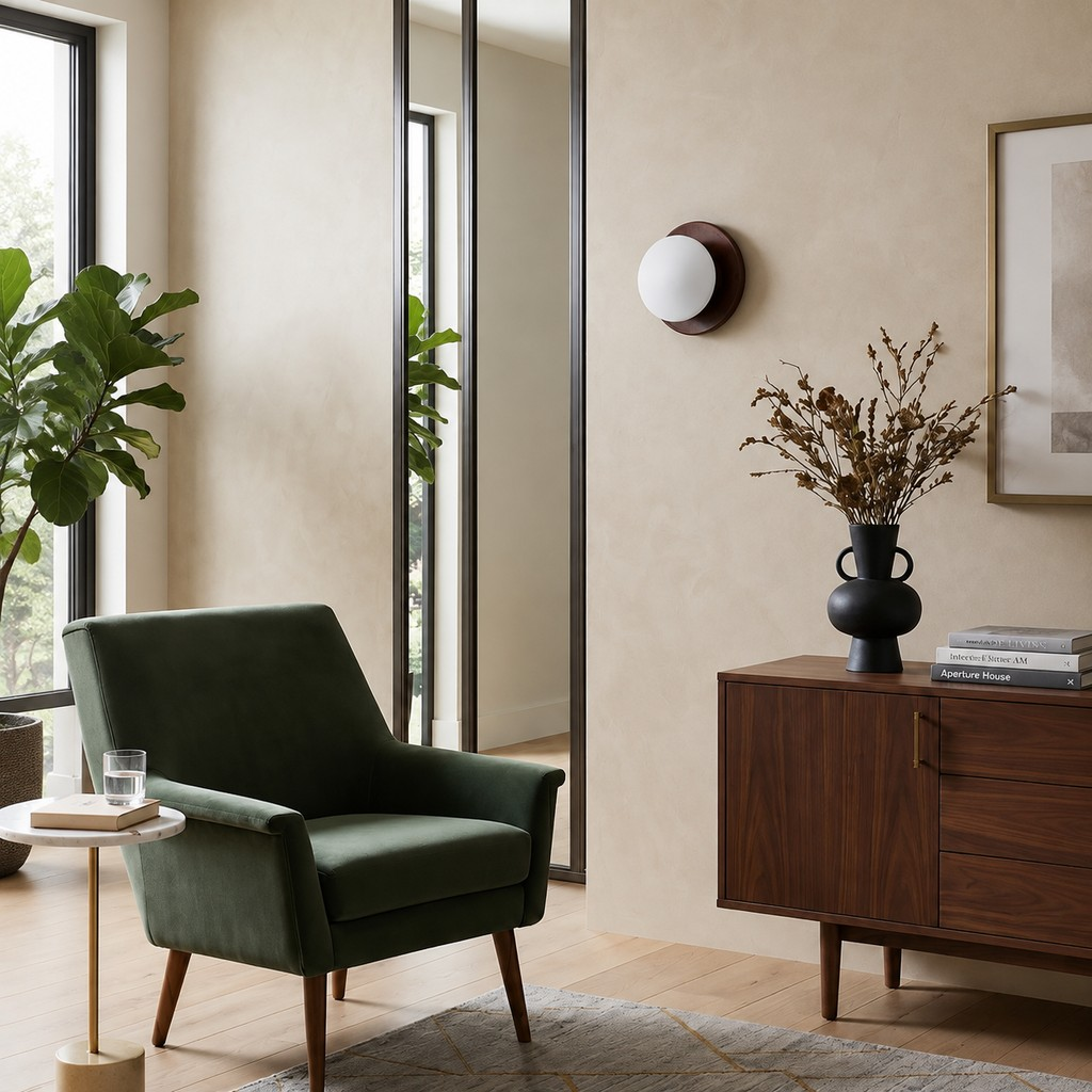 Walnut wall lamp in a modern living room