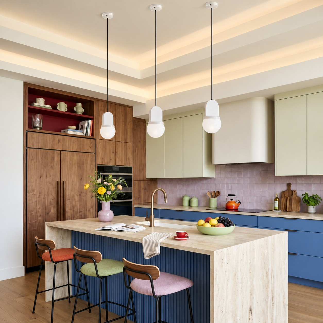 Cream pendant lights above a kitchen island