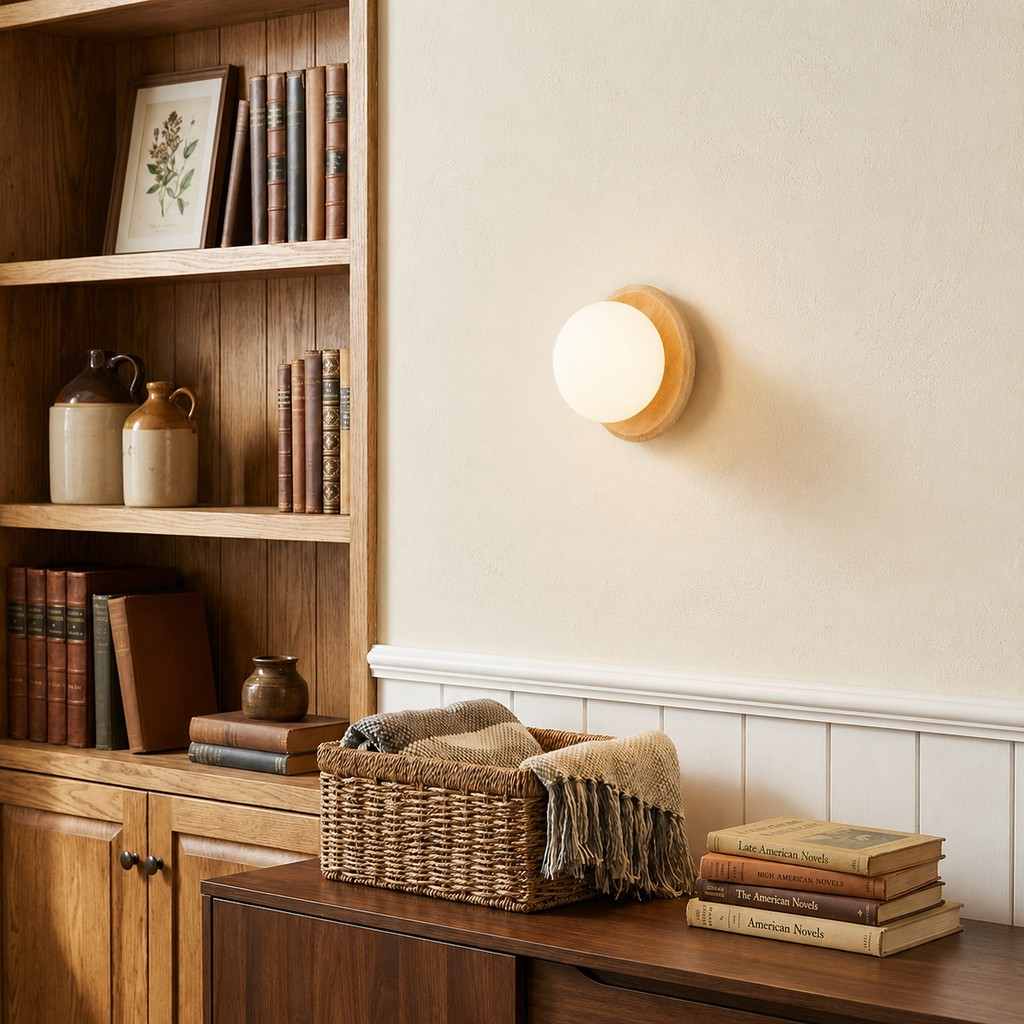 Natural wood wall lamp beside a library cabinet