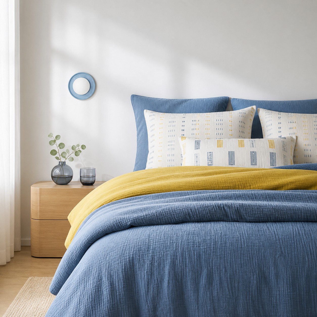 Blue Solna wall light in a blue and yellow bedroom