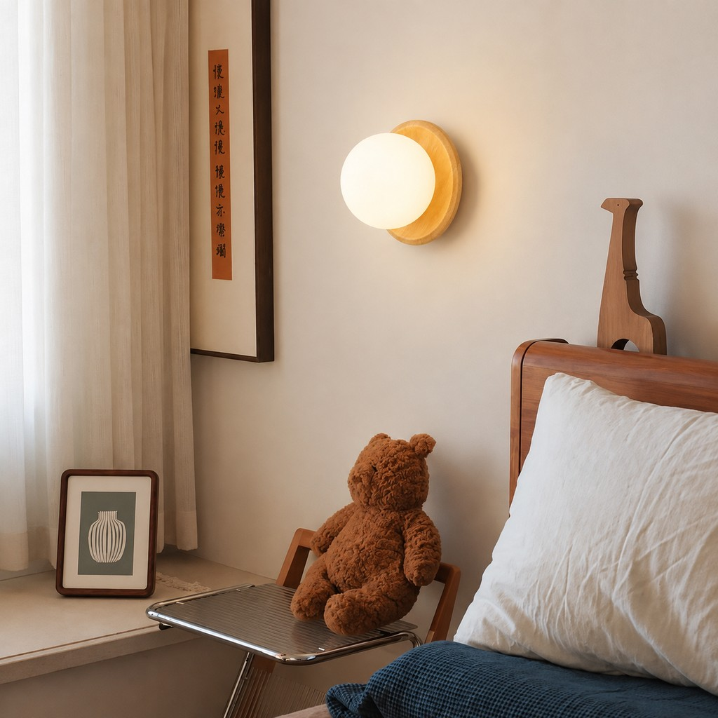Natural wood wall lamp in a bedroom