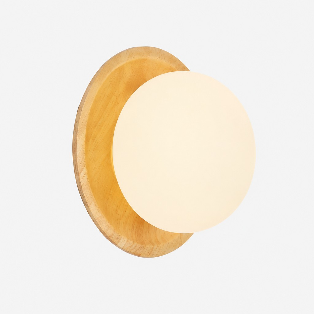 Natural wood and opal glass globe wall lamp