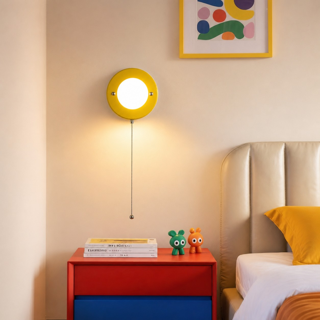 Yellow pull-chain wall lamp beside a colorful bedside table