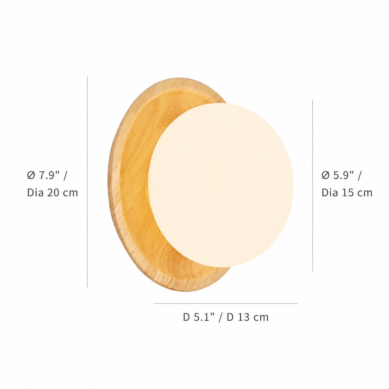 Wall lamp dimensions: 20 cm diameter, 15 cm globe, and 13 cm depth
