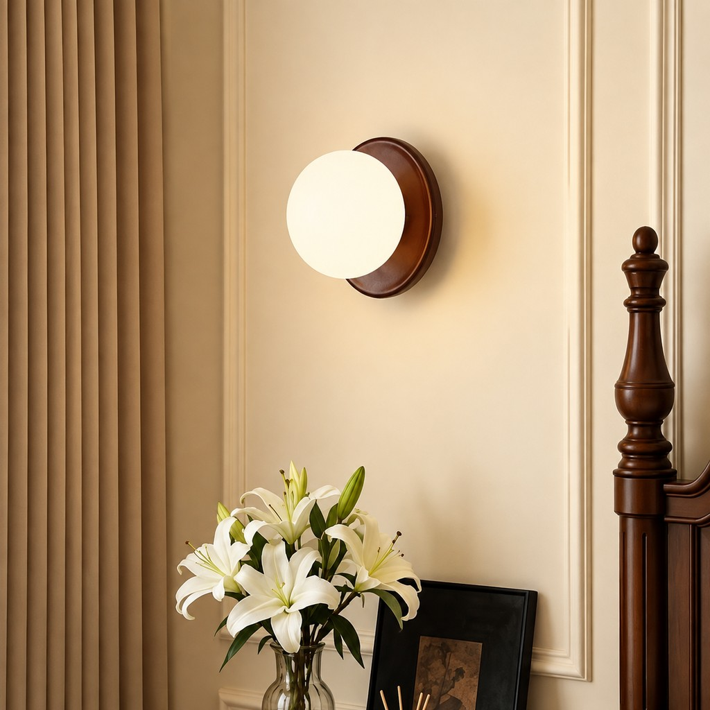 Walnut wall lamp beside a bed