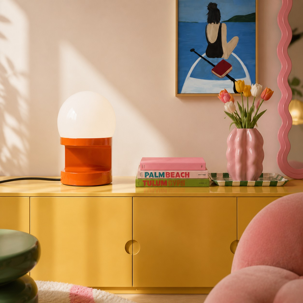 Fox Orange HABEA table lamp on a colorful console
