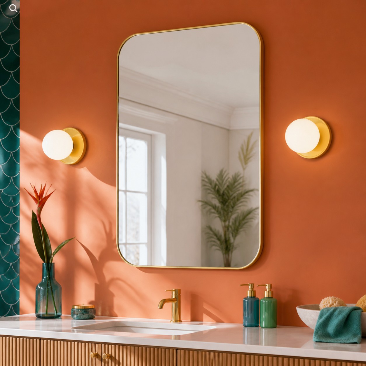 Yellow Solna wall lights beside a bathroom mirror