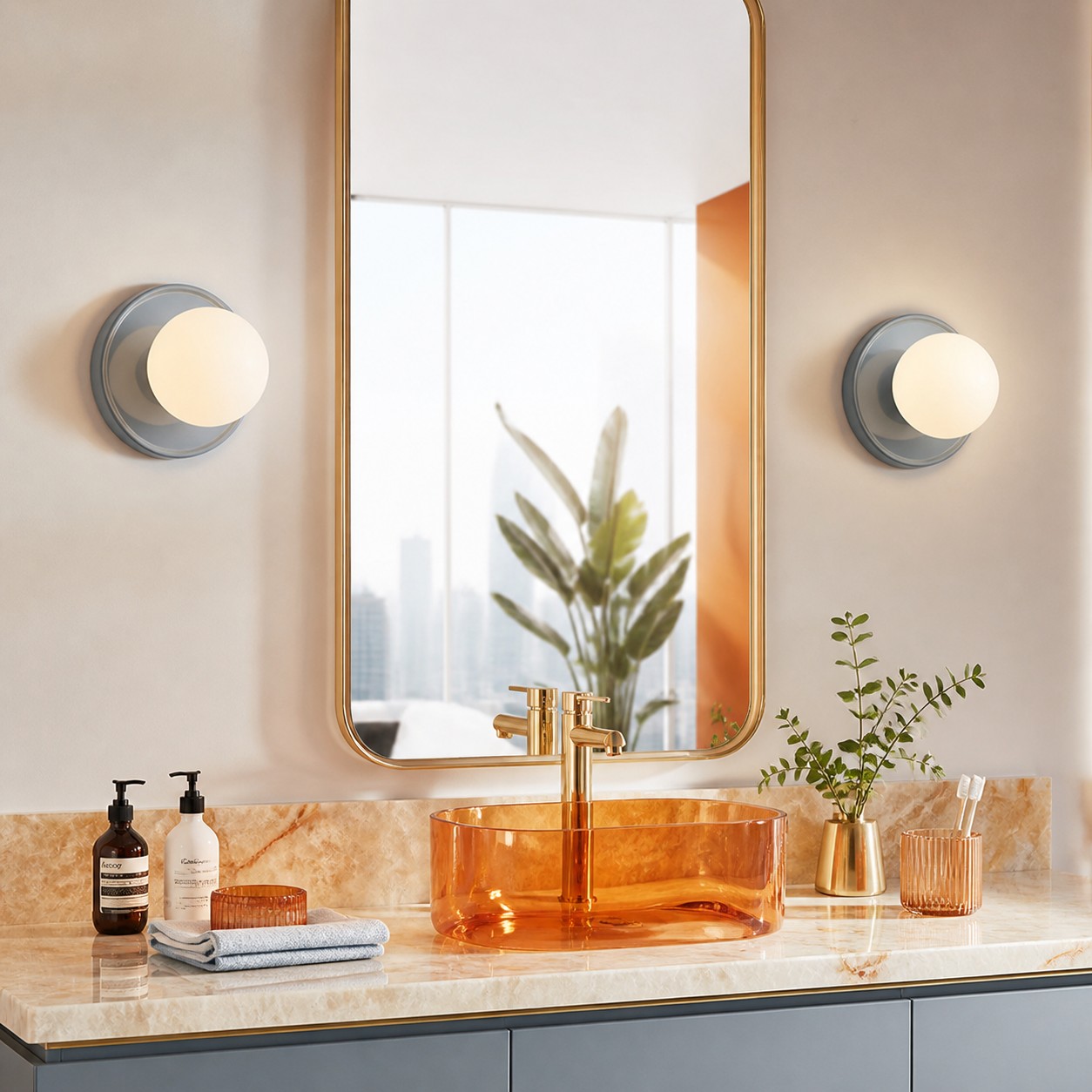 Pair of blue Solna wall lights beside a tall bathroom mirror