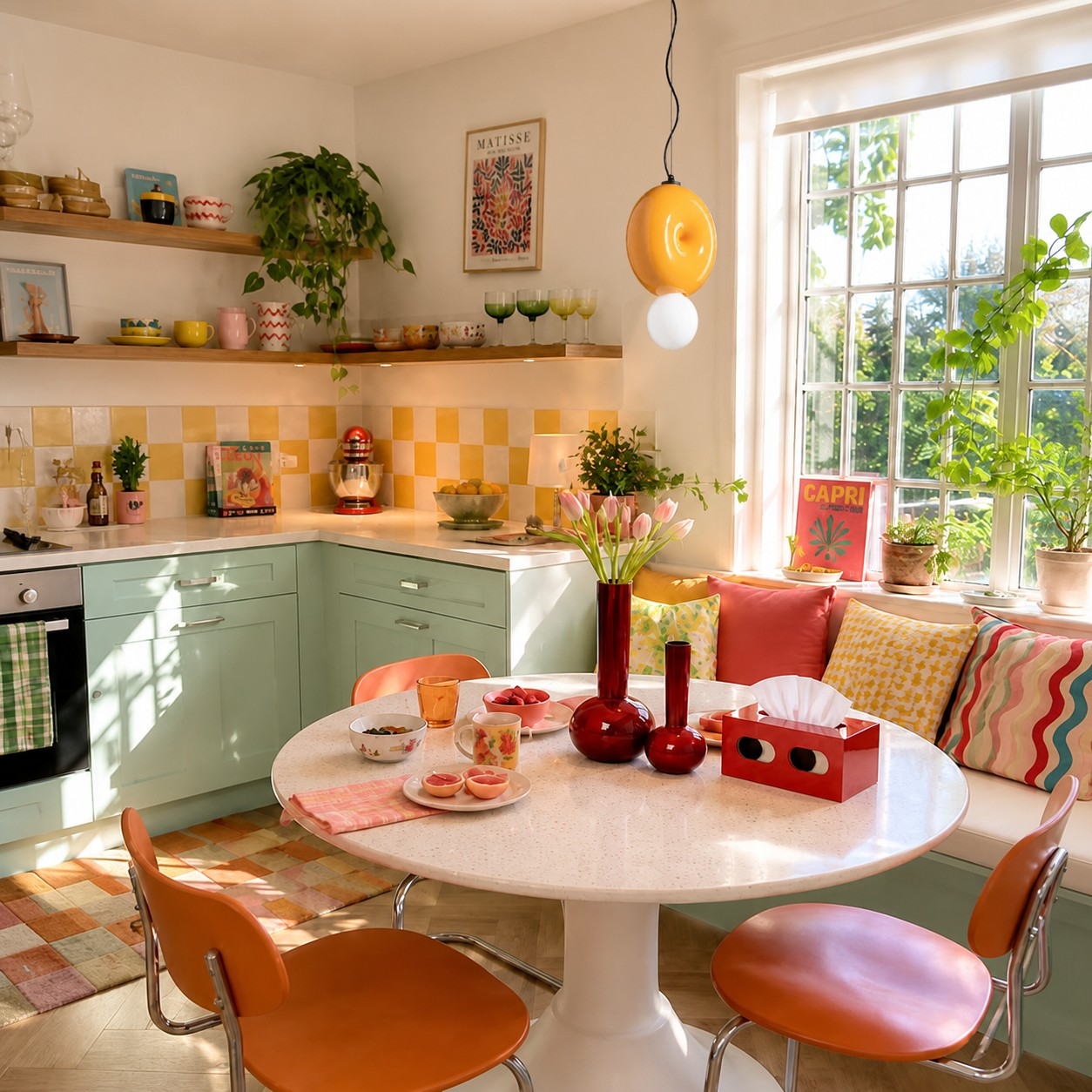 Complete Yellow sculptural ceramic pendant in a colorful kitchen
