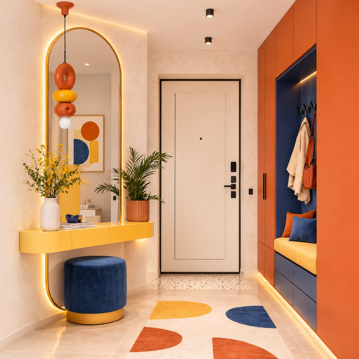 Multicolor sculptural pendant lamp in a bright entryway