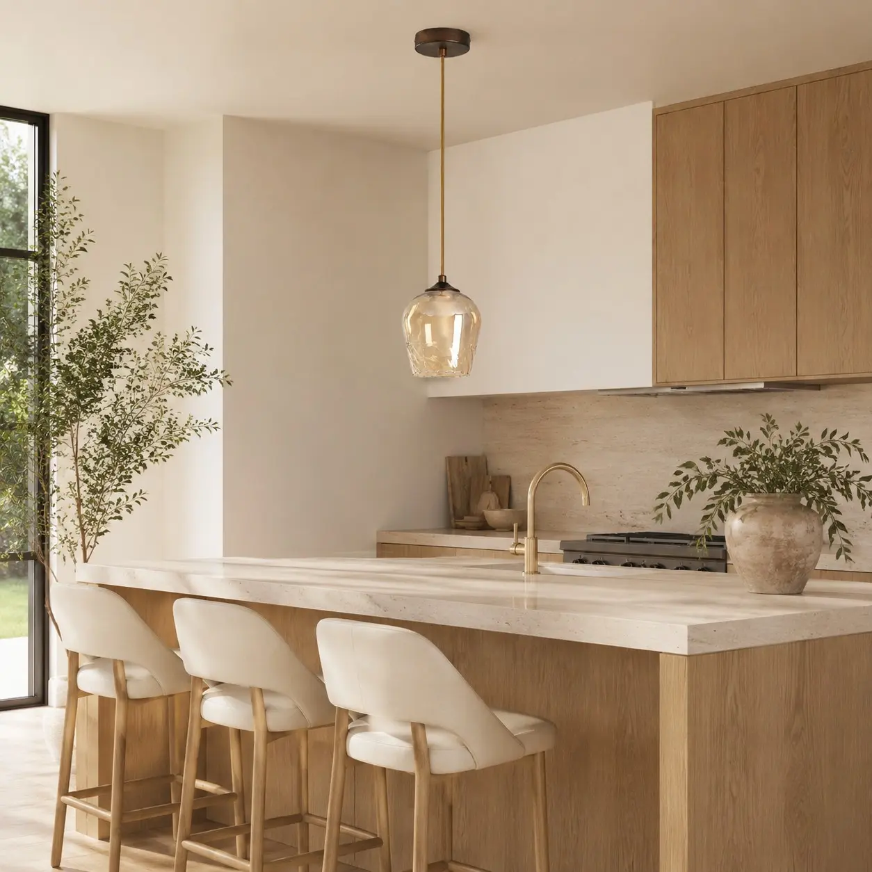 Amber glass pendant light above a kitchen island