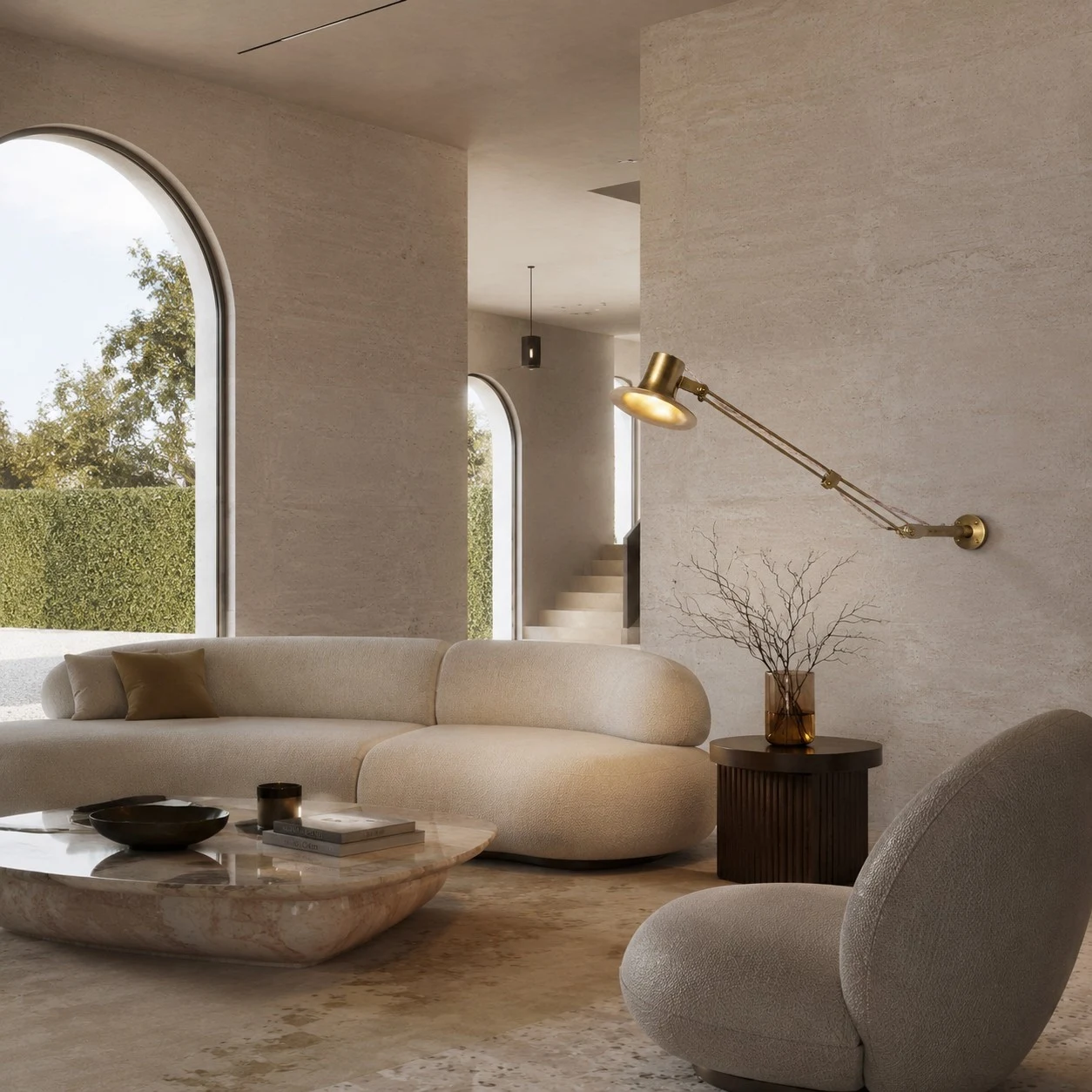 Satin Brass folding wall lamp in a modern living room