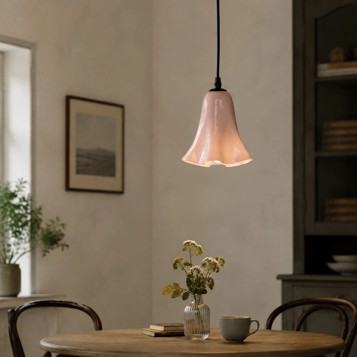 Blush pink glass pendant light illuminated with a customer-supplied bulb