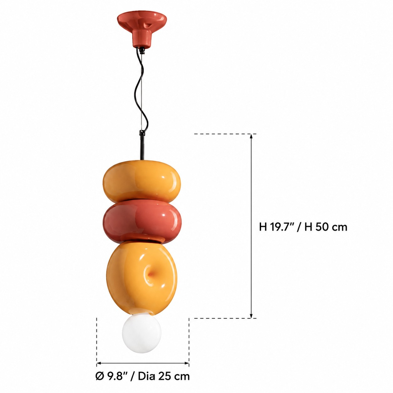 Sculptural ceramic pendant dimensions, diameter 25 cm and height 50 cm