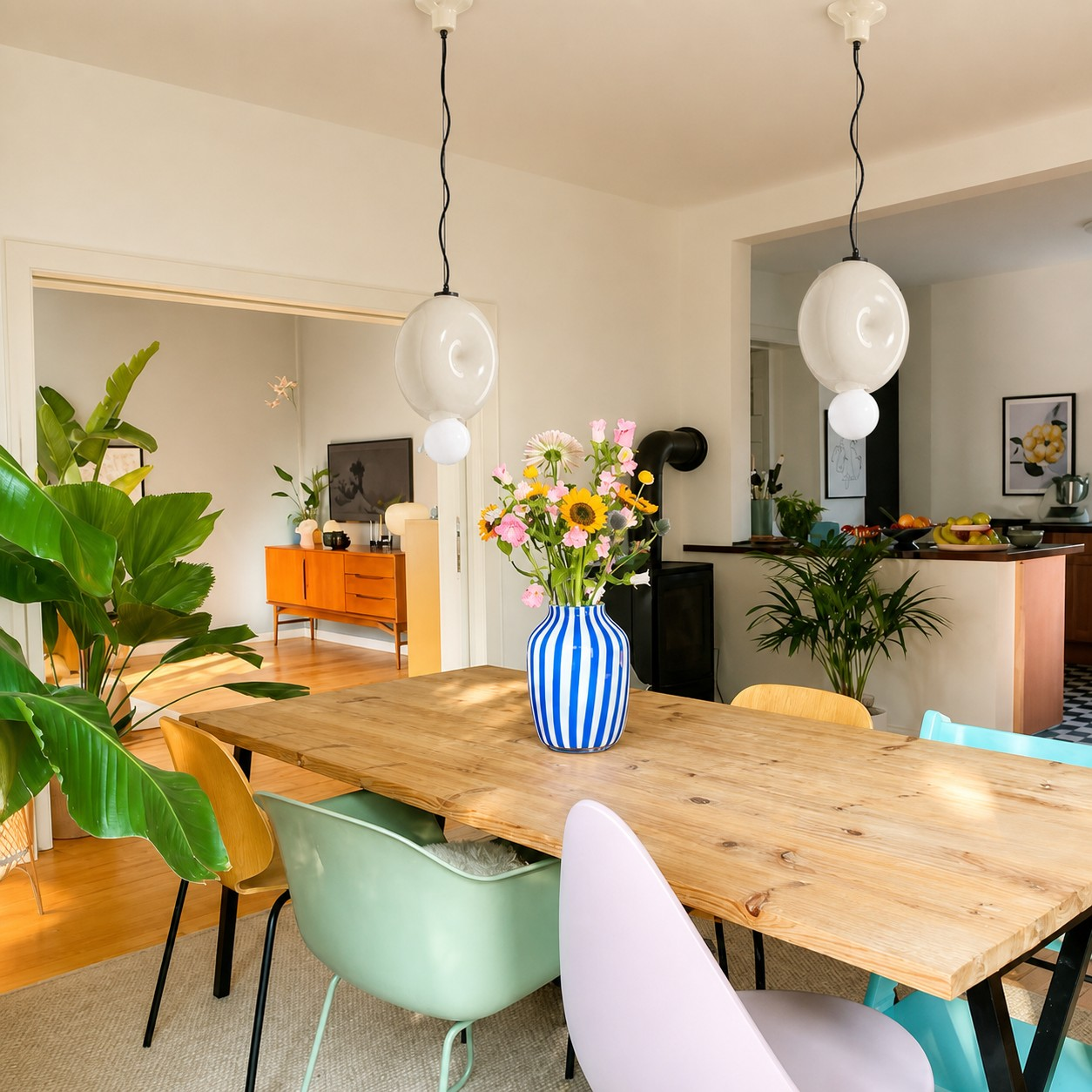 Complete Cream sculptural ceramic pendants in a bright dining room