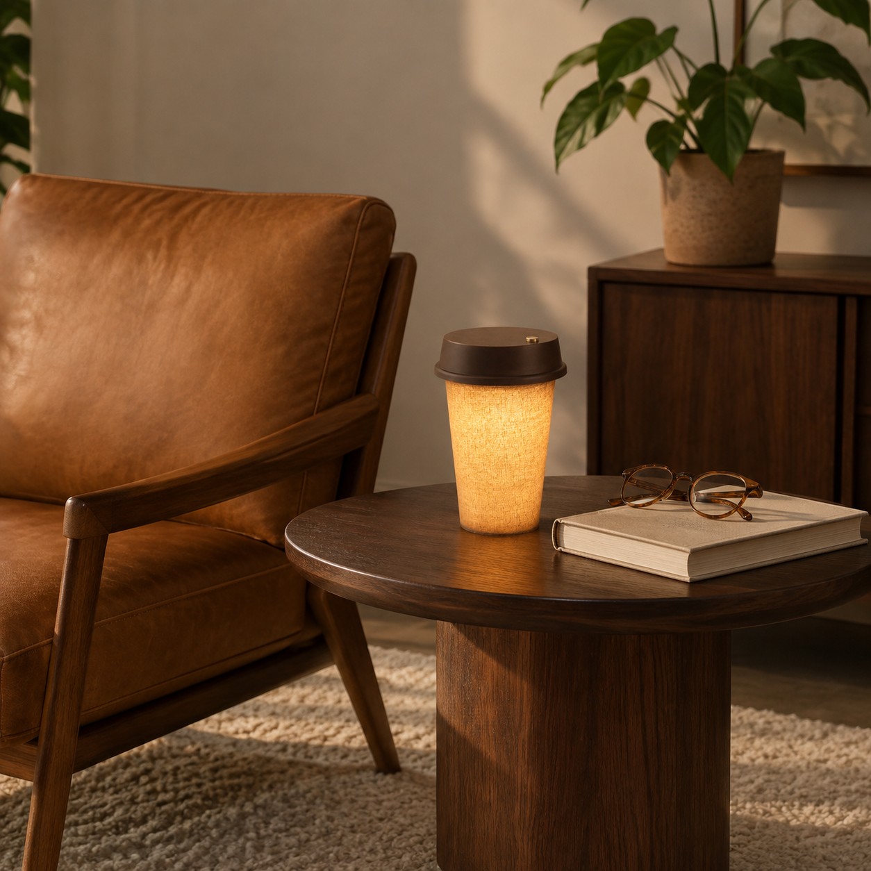 Rechargeable table lamp wood and fabric side angle