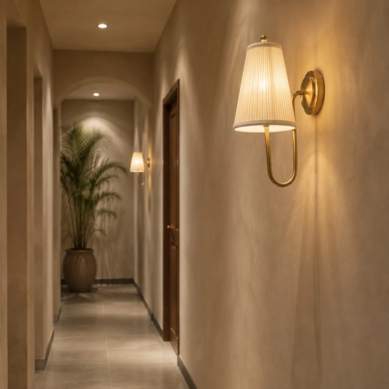 Brass fabric wall sconce lighting a hallway wall