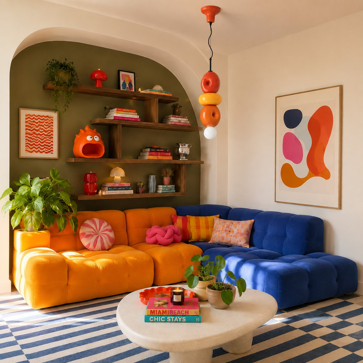Multicolor sculptural pendant lamp in a colorful living room