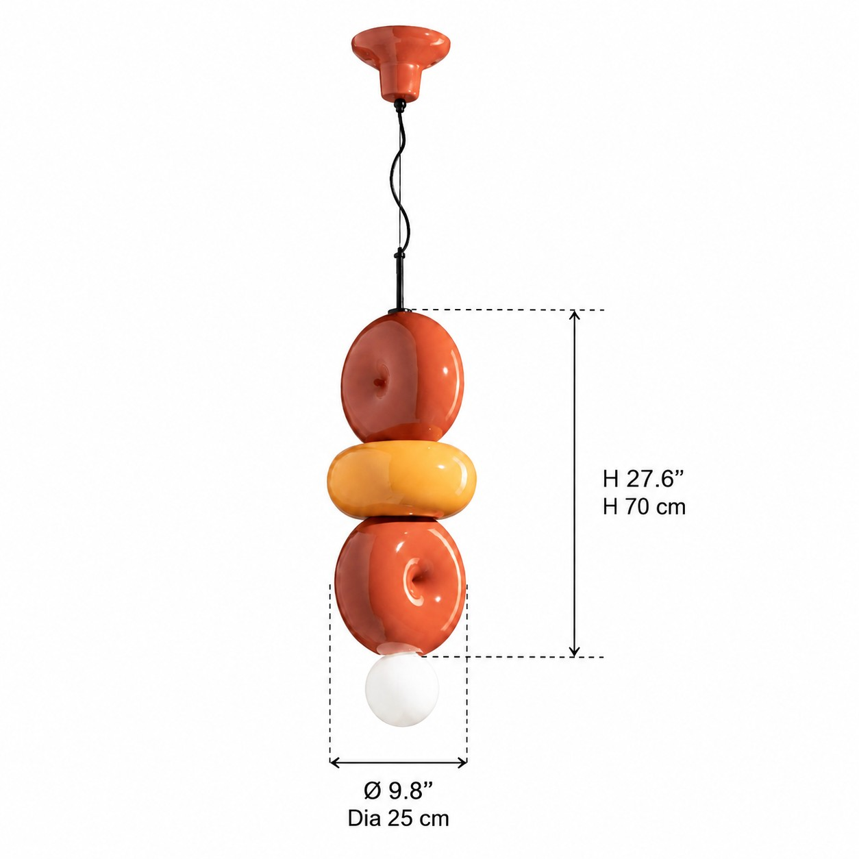 Sculptural ceramic pendant lamp dimensions, 25 cm diameter and 70 cm high