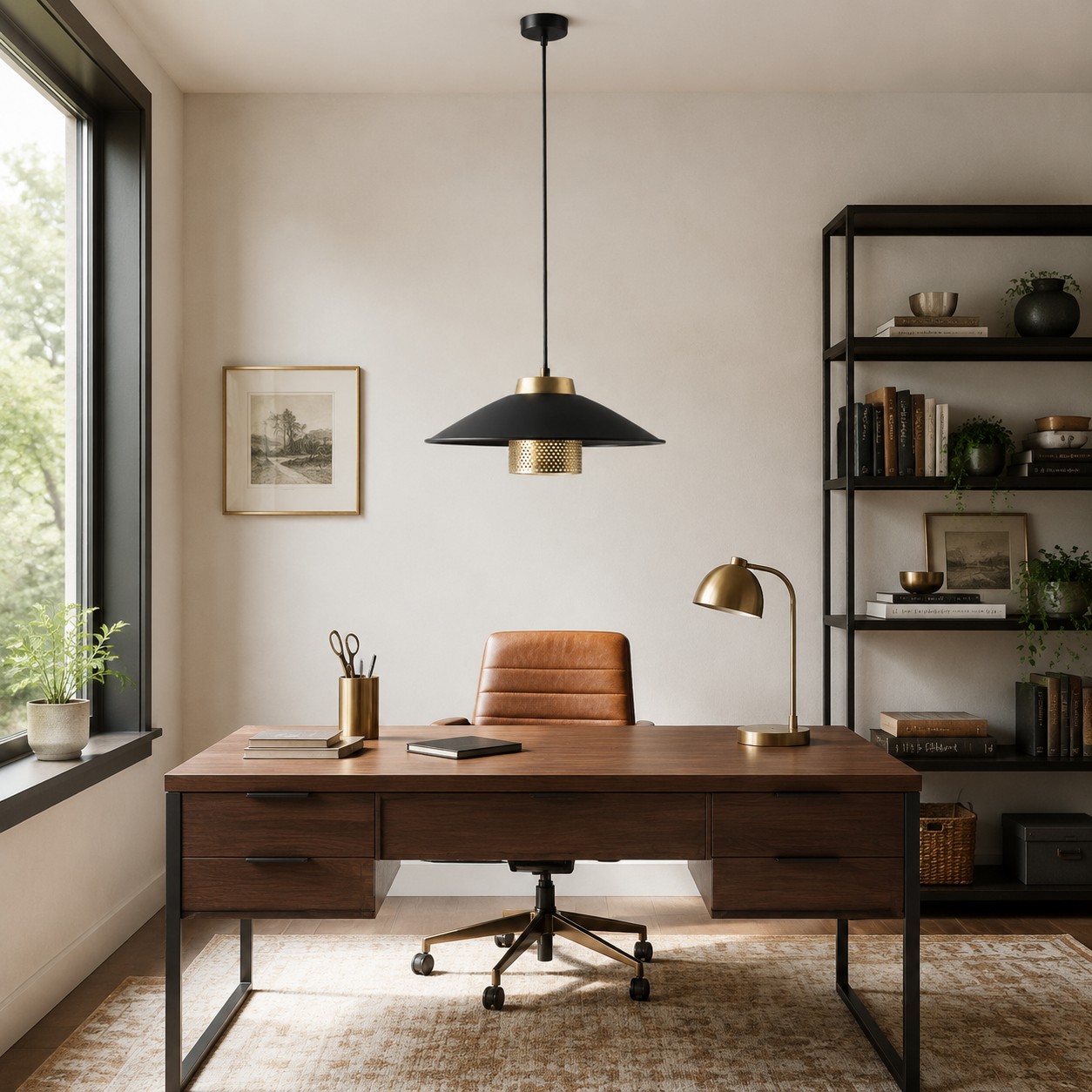 Black and brass pendant light above a walnut desk in a bright home office