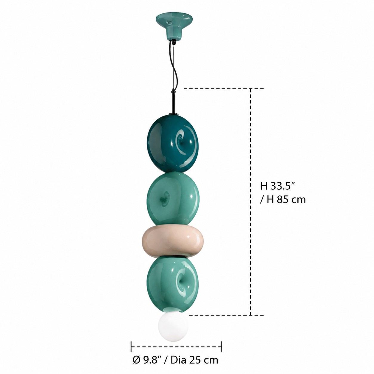 Sculptural ceramic pendant dimensions, diameter 25 cm and height 85 cm