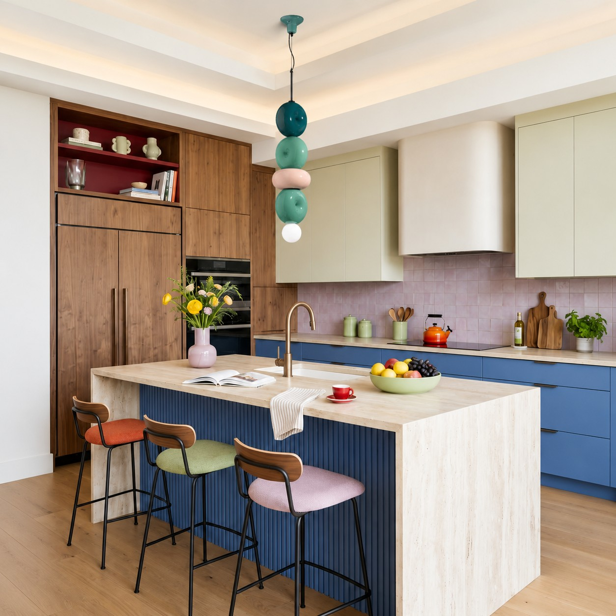 Complete teal and cream sculptural ceramic pendant in a modern kitchen