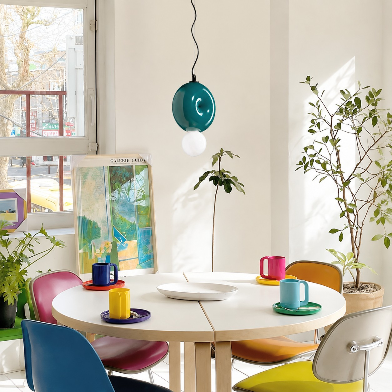 Complete Petrol Green sculptural ceramic pendant above a dining table