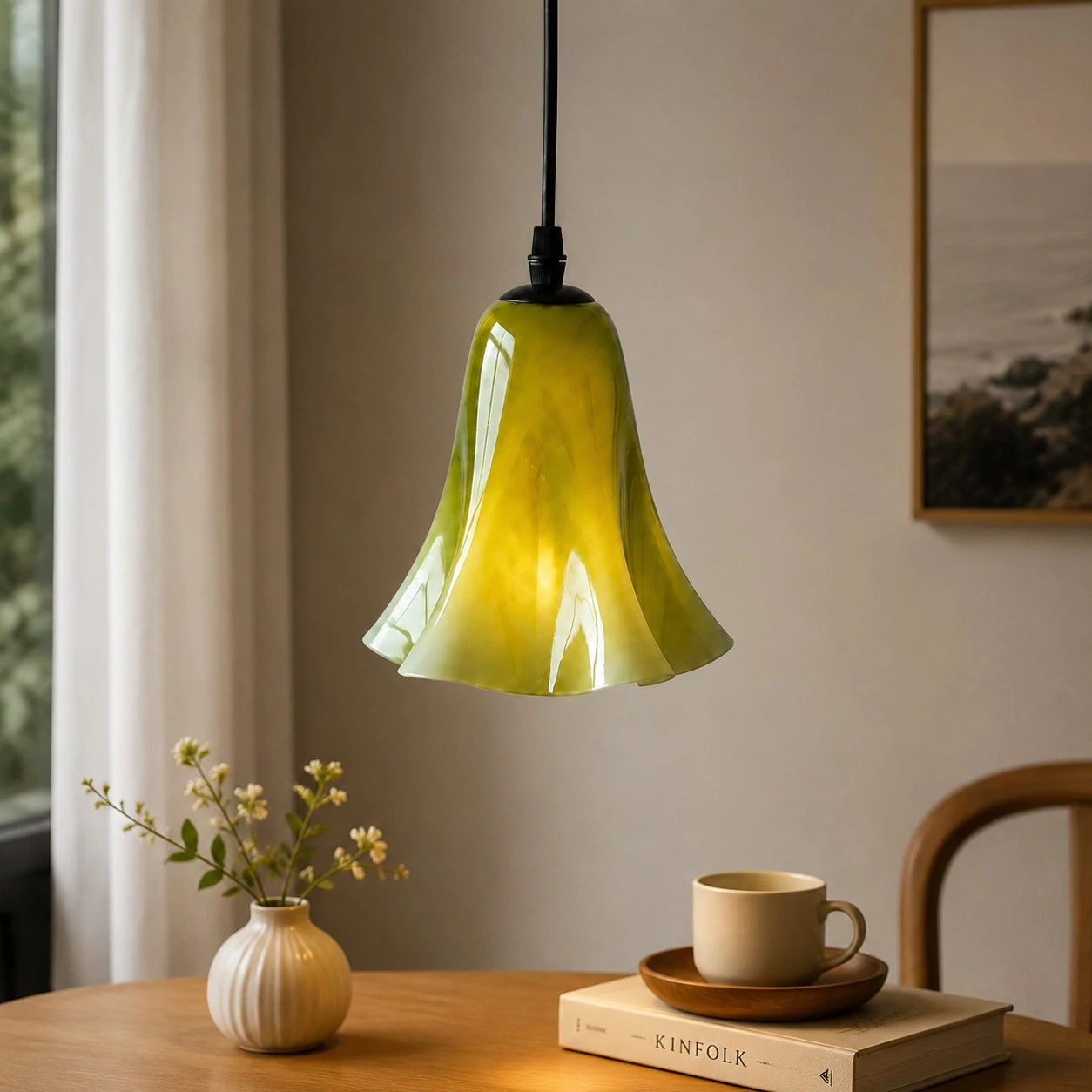 Gradient green glass pendant light illuminated with a customer-supplied bulb