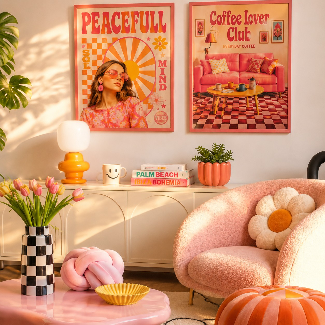 Yellow sculptural globe table lamp in a living room