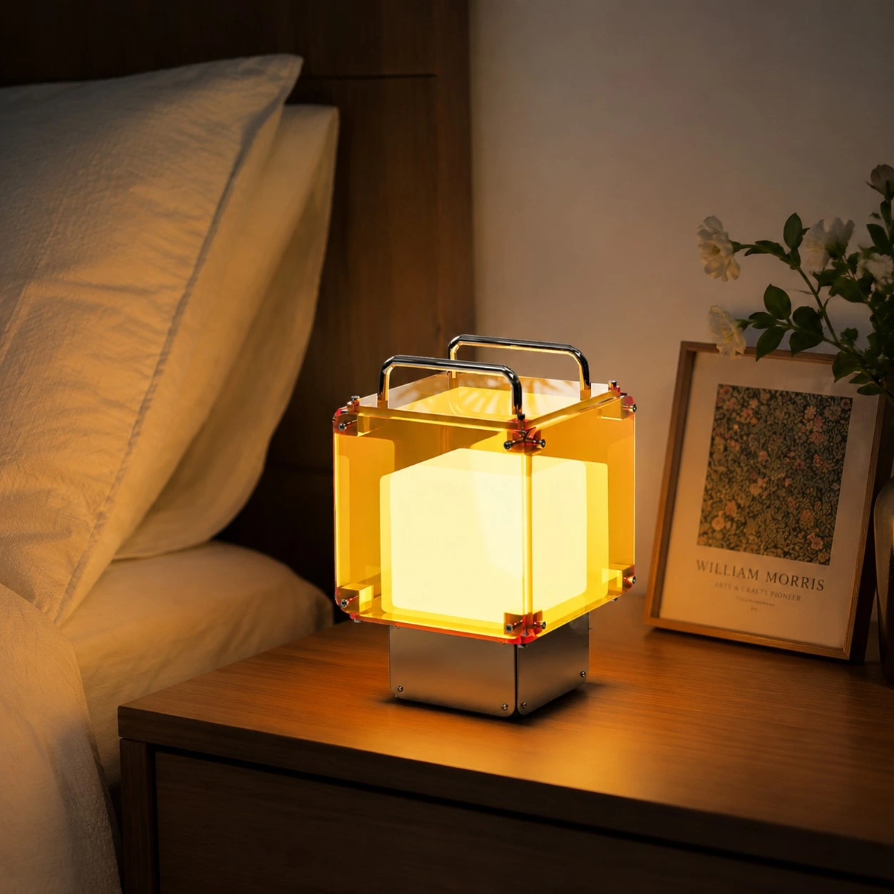 Rechargeable table lamp used on a bedside table