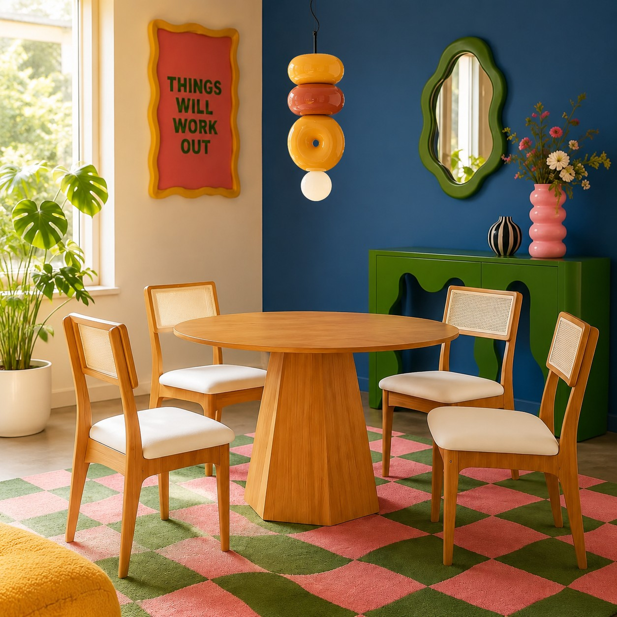 Sculptural ceramic pendant above a colorful dining table