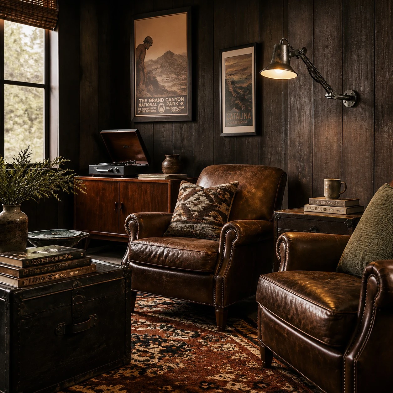 Matte Black folding wall lamp in a dark wood reading room