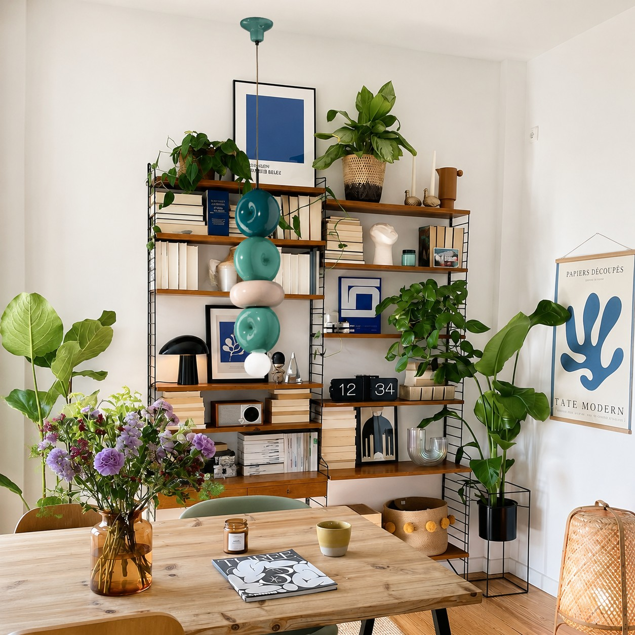 Sculptural teal ceramic pendant beside a plant-filled reading area