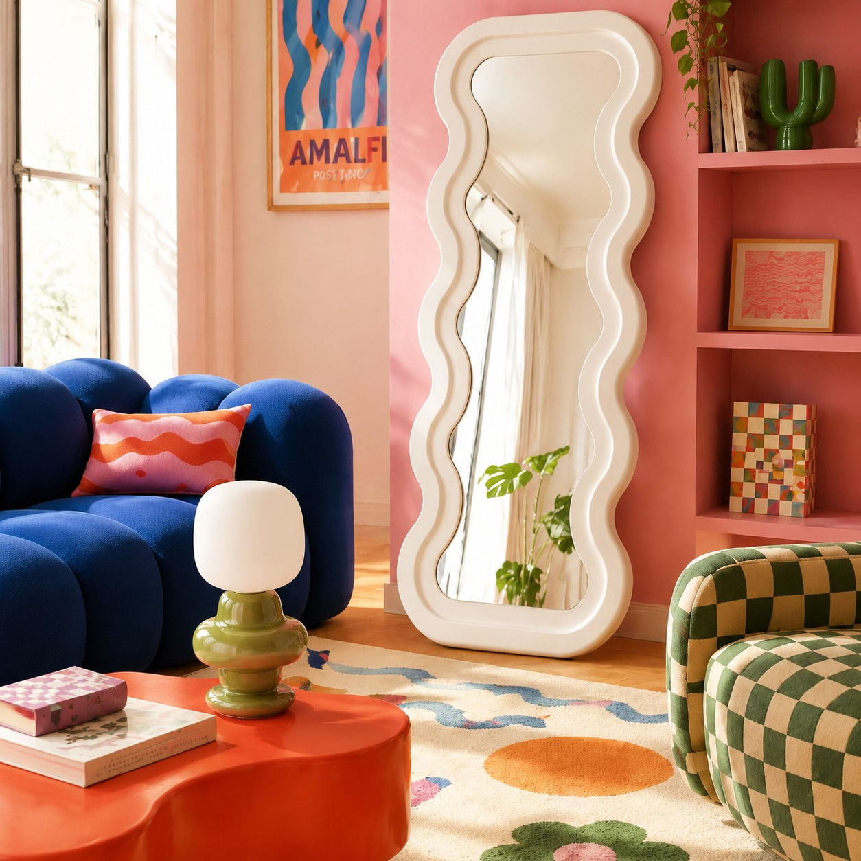 Sage Green sculptural globe table lamp in a colorful living room