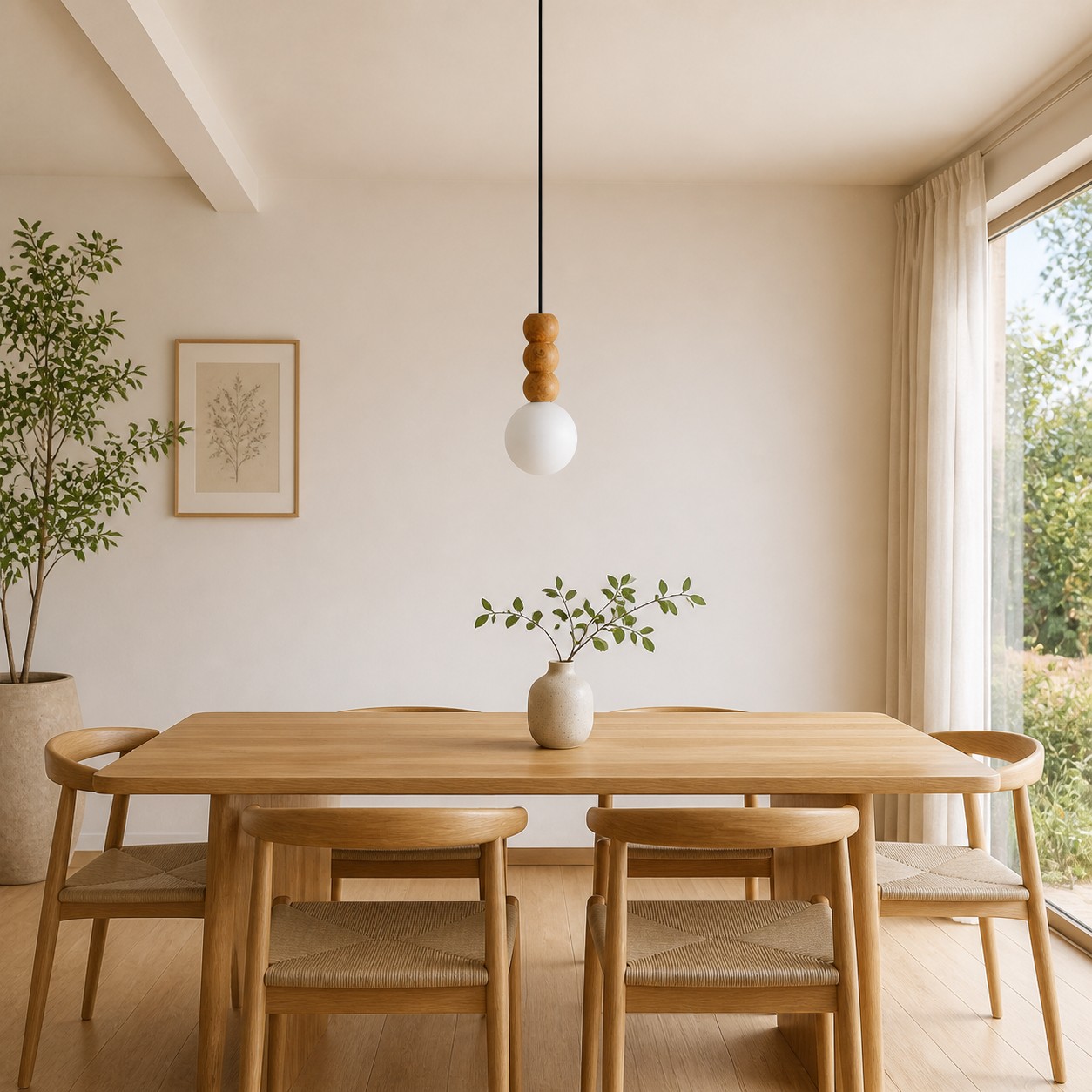 Wood bead globe pendant above a natural oak dining table