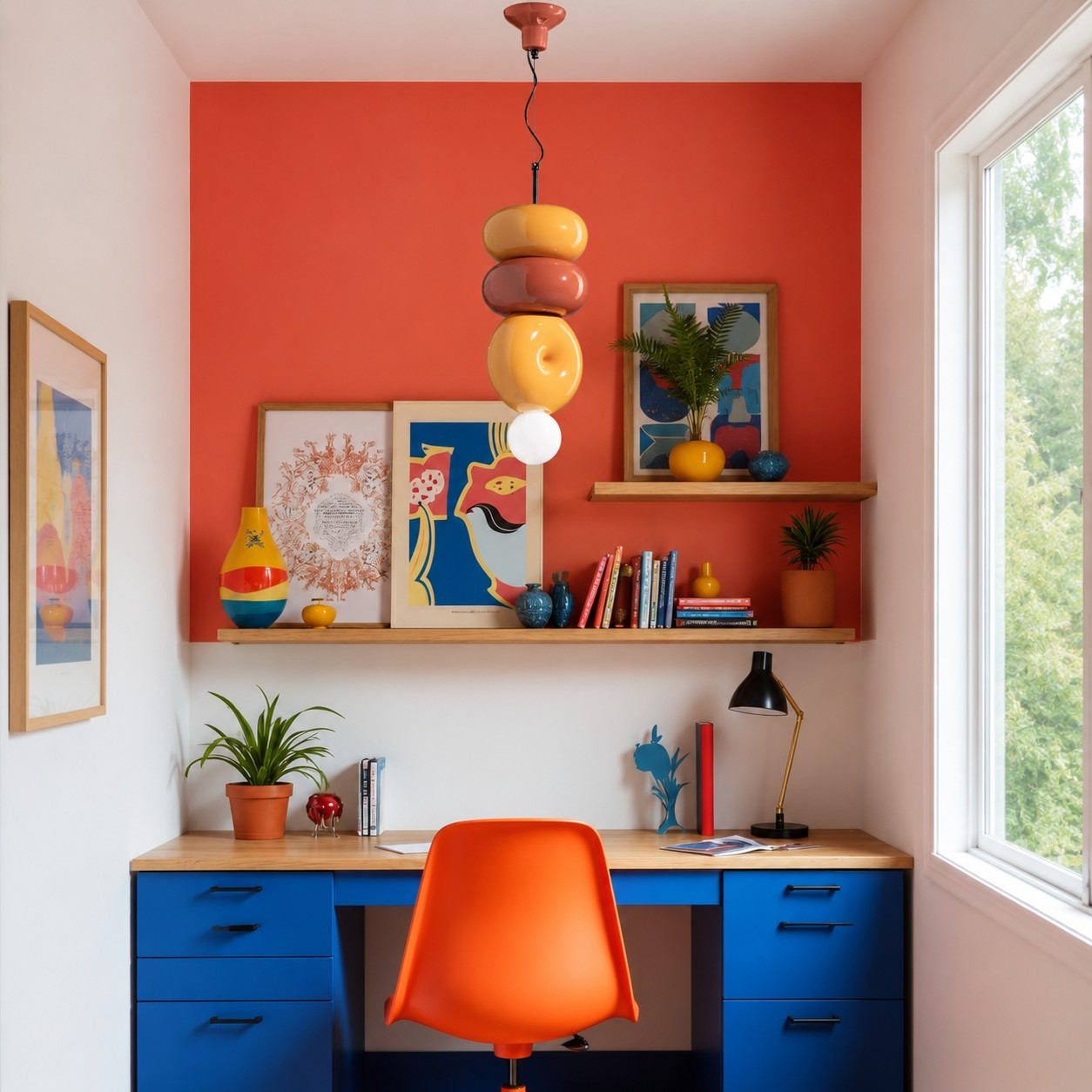 Sculptural ceramic pendant in a colorful home office