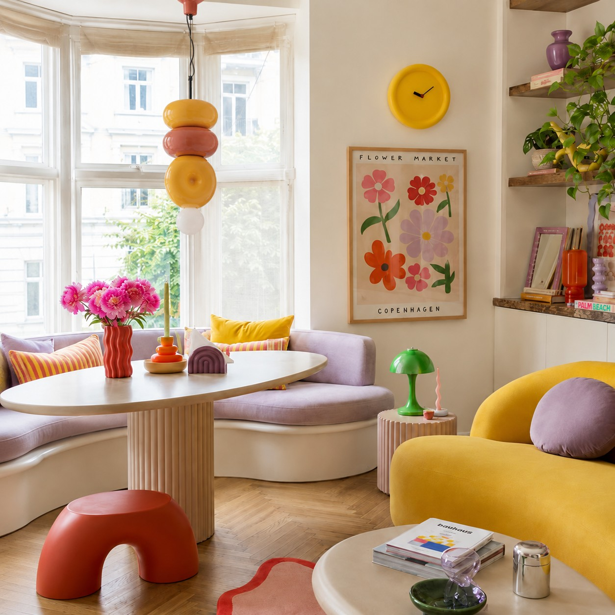 Sculptural ceramic pendant in a bright colorful living room