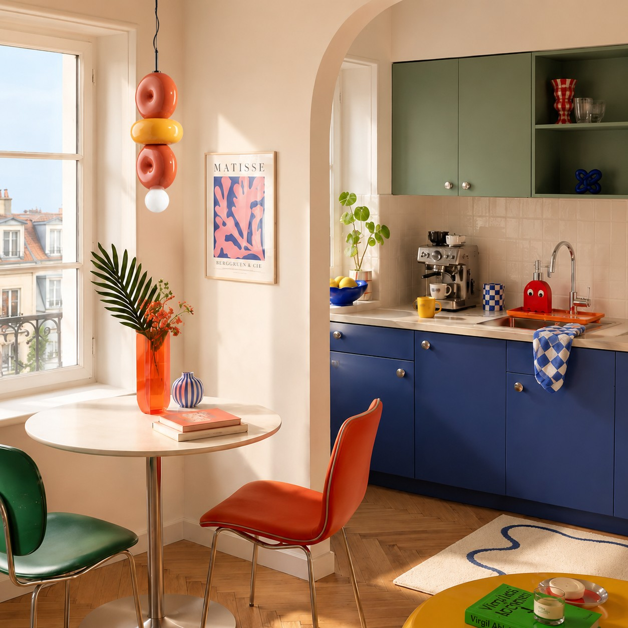 Multicolor sculptural pendant lamp beside a kitchen dining area