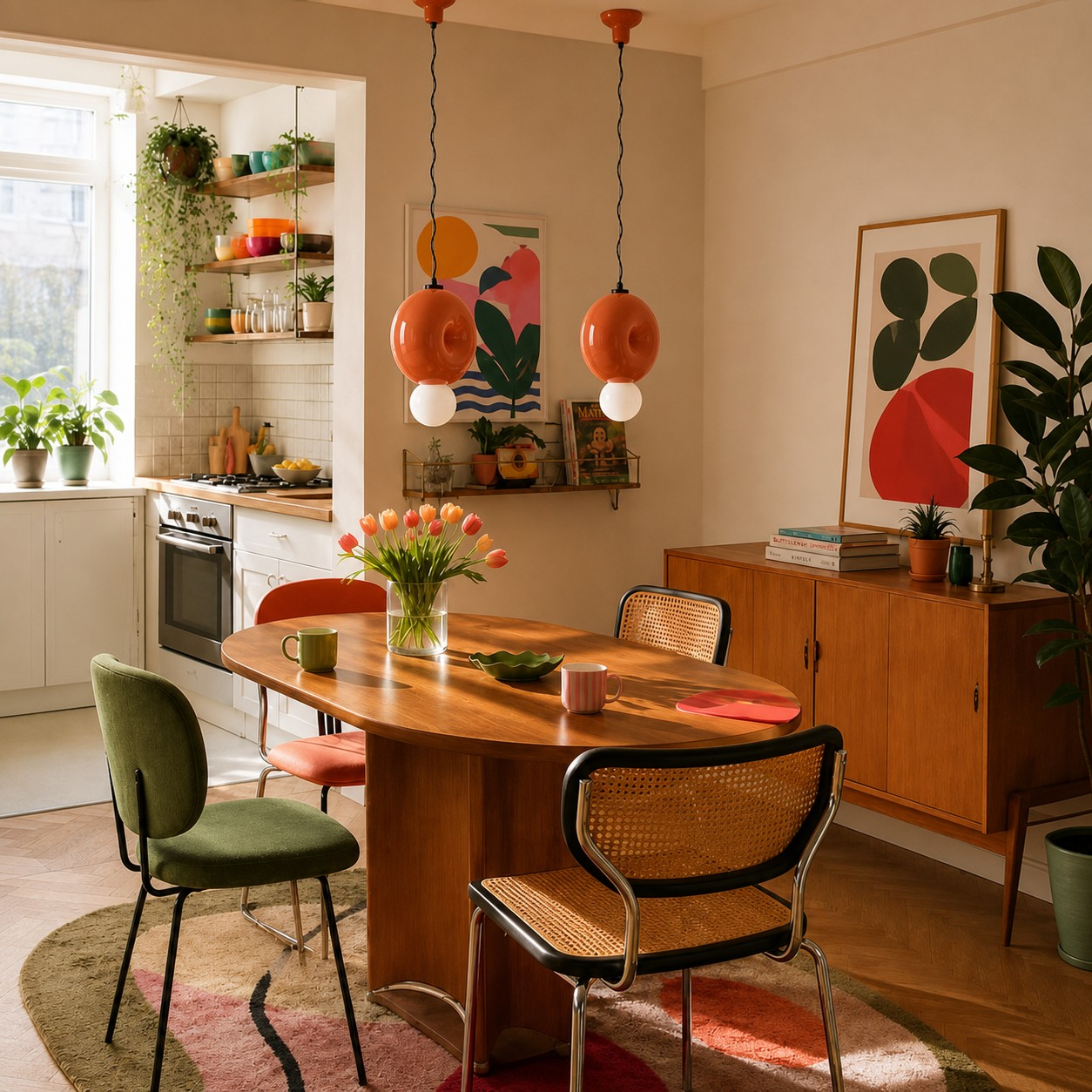 Complete Orange sculptural ceramic pendants above a dining table