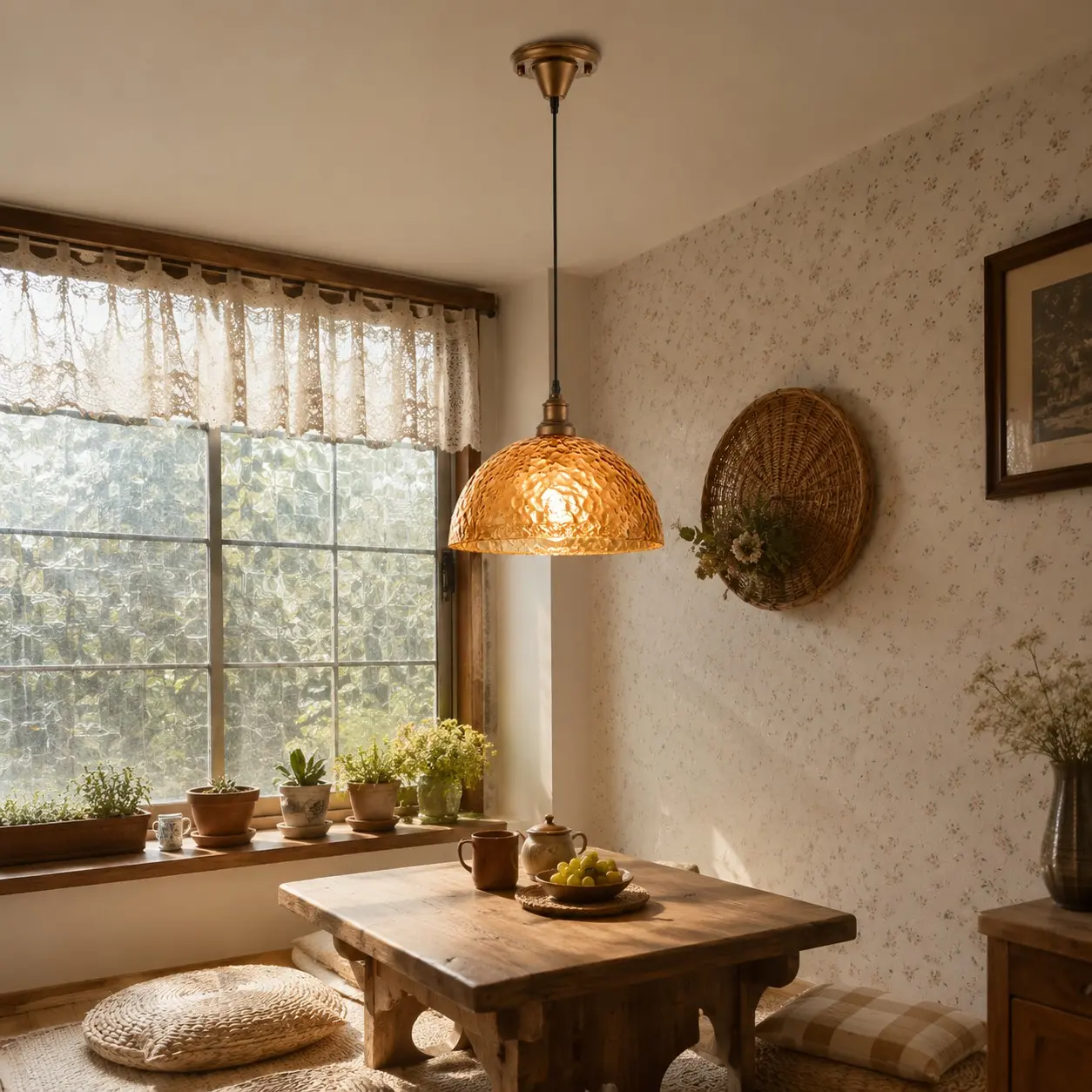 Amber pendant light in a breakfast nook